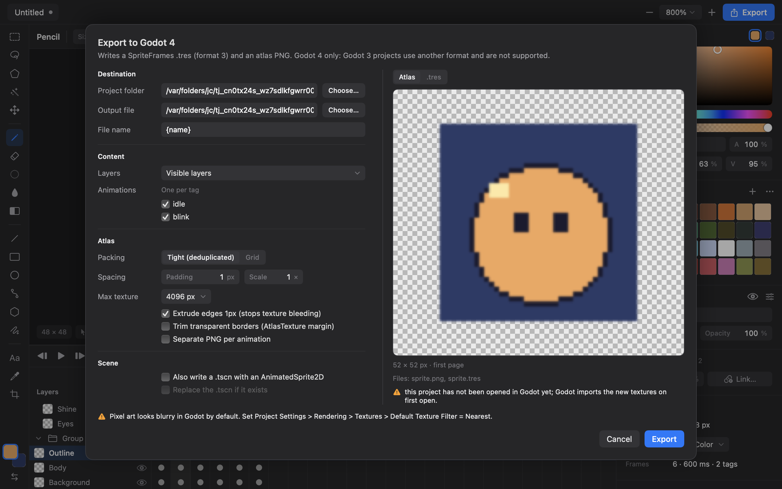 Pixmith's Export to Godot dialog