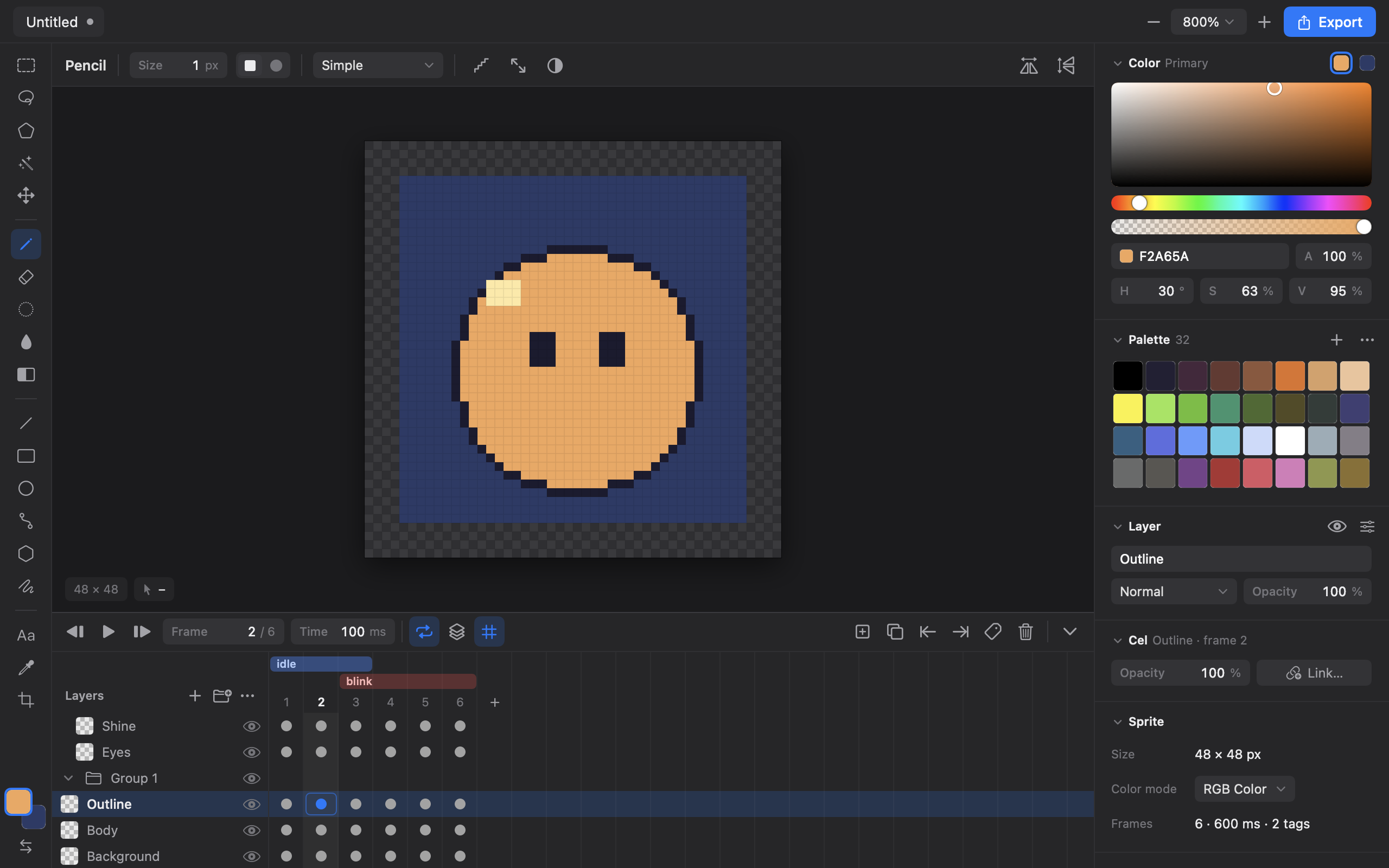 The Pixmith editor with a sprite, layers and the animation timeline